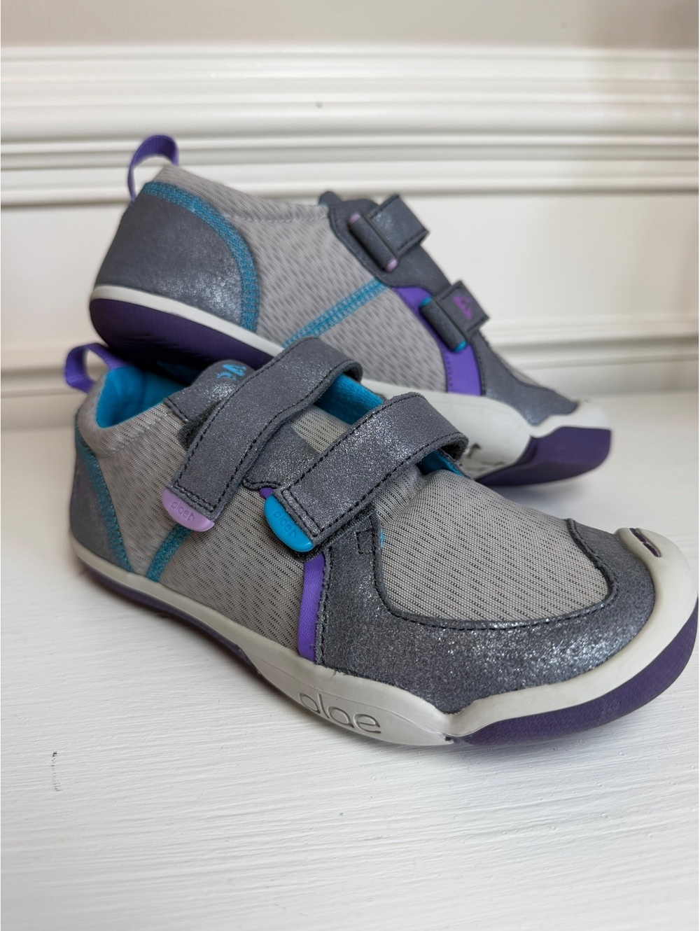 PLAE Ty Kids Sneakers Grey Sparkle Purple Trim Girls Size 2.5